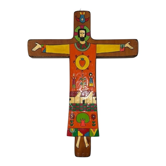 Colorful El Salvador Wooden Cross with Religious Art - Picture 1 of 11